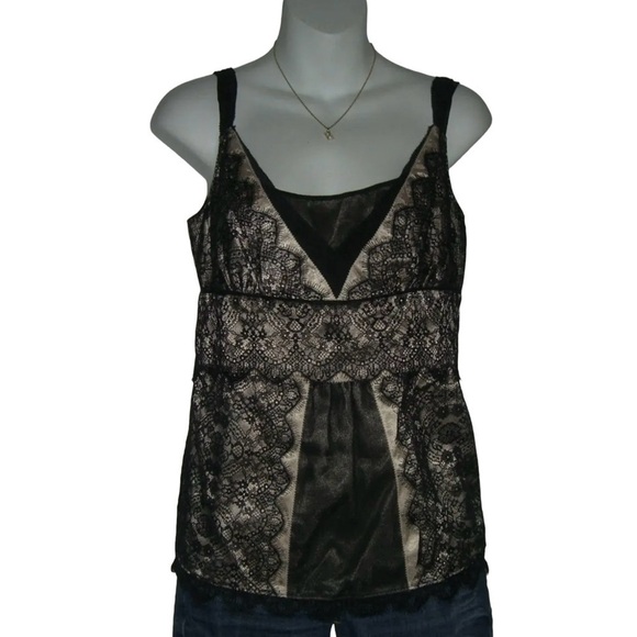 Ann Taylor Tank Top Silk Blend Black Tan Lace Cami Bimbo Blouse Coquette y2k 2 - Picture 9 of 9